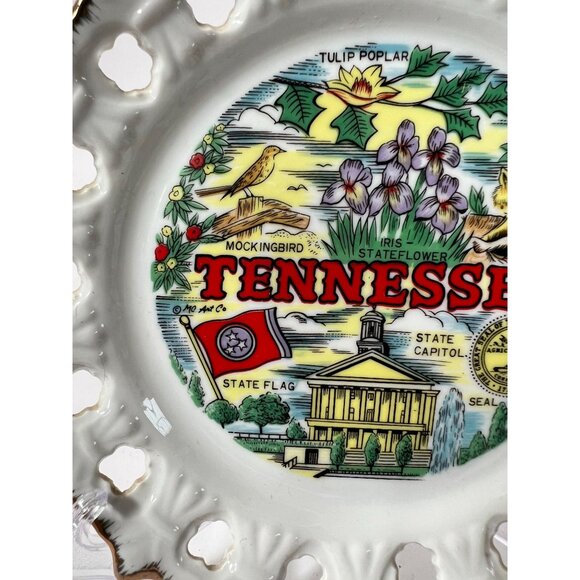 Tennessee Decorative Porcelain Plate With Gold Trim Lacy Edge & State Symbols Fe - Picture 4 of 14
